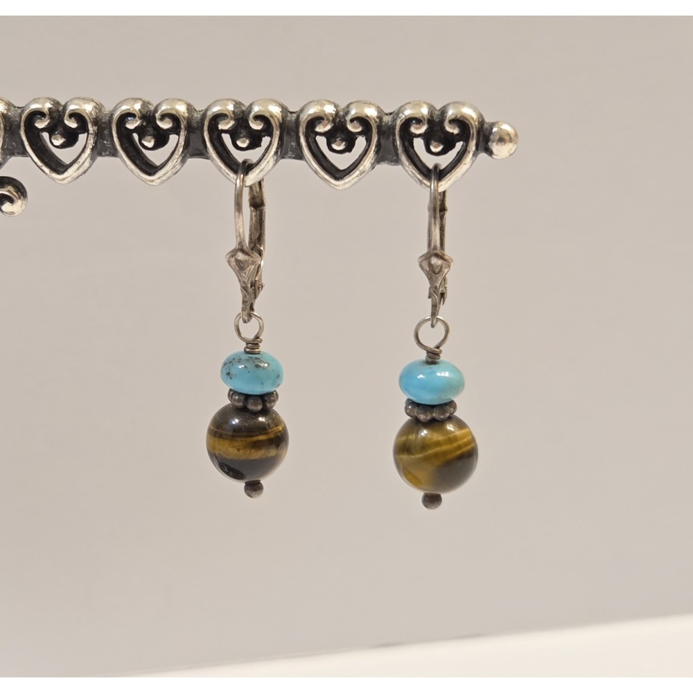 Vintage‎ Southwestern Sterling Silver Turquoise & Cats Eye Dangle Earrings